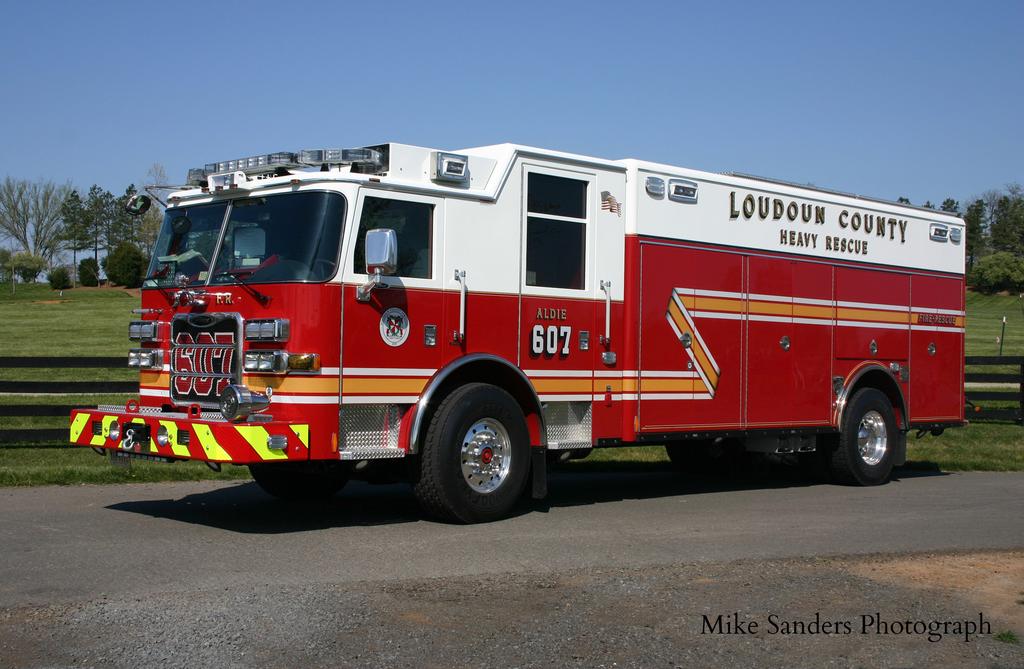 Rescue 607 (R607) is owned and staffed by Loudoun County.  The county often rotates apparatus through the stations as needed, but the unit typically in-service at the Aldie Fire Station is a 2011 Pierce non-walk in Heavy Rescue.  This unit is cross-staffed with E607 as needed.  Mike Sanders photo