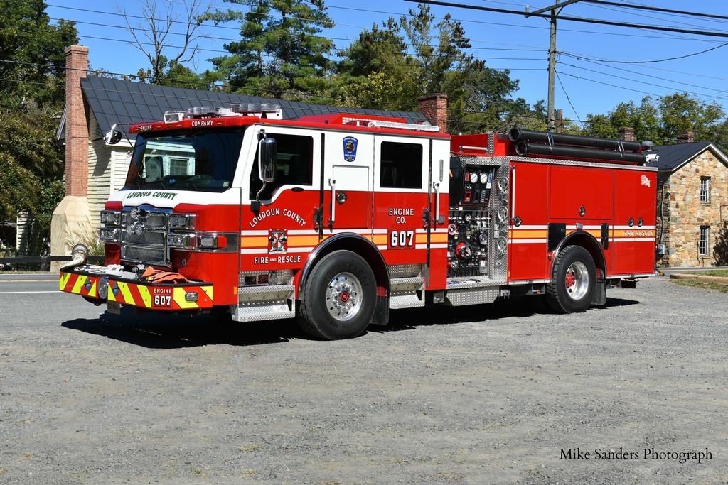 Engine 607 (E607) is owned and staffed by Loudoun County.  The county often rotates apparatus through the stations as needed, but the unit typically in-service at the Aldie Fire Station is a 2020 Pierce engine with a 1500 gpm pump, a 750 gallon water tank, and 40 gallons of Class A foam.  E607 can be staffed as ALS if county staffing levels are sufficient. E607 cross-staffs R607 as needed.  Mike Sanders photo