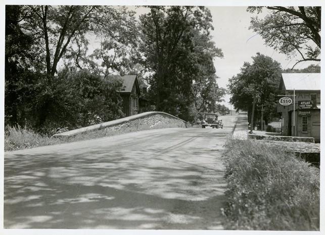 1935 National Archives photo of the Aldie Stone Bridge and the garage that became our first fire station.